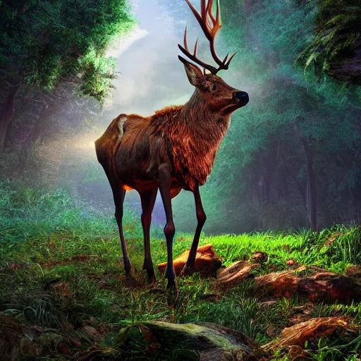 Image similar to Photorealistic skeletal elk in the garden of eden. Hyperdetailed photorealism, 108 megapixels, amazing depth, glowing rich colors, powerful imagery, psychedelic Overtones, 3D finalrender, 3d shading, cinematic lighting, artstation concept art