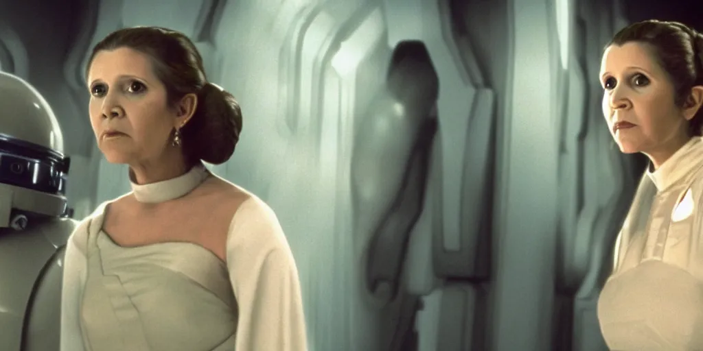 Prompt: a full color still of Carrie Fisher as Leia Organa as a regal Senator in the Galactic Senate with a weird alien friend, cinematic lighting, 1999, directed by Steven Spielberg, 35mm