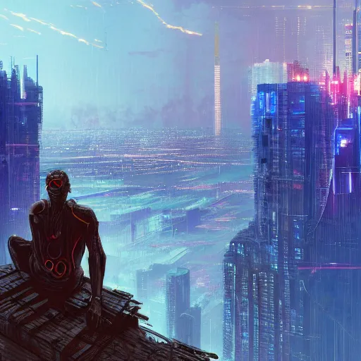 Image similar to a cyberpunk zulu warrior sitting on a cliff watching an enormous metropolitan city burn!!!! from a distance at night, fire, by alena aenami and android jones and greg rutkowski, Trending on artstation, hyperrealism, elegant, stylized, highly detailed digital art, 8k resolution, hd, global illumination, radiant light, detailed and intricate cyberpunk ghetto environment, rendered in octane, post processed, wide angle, dynamic portrait