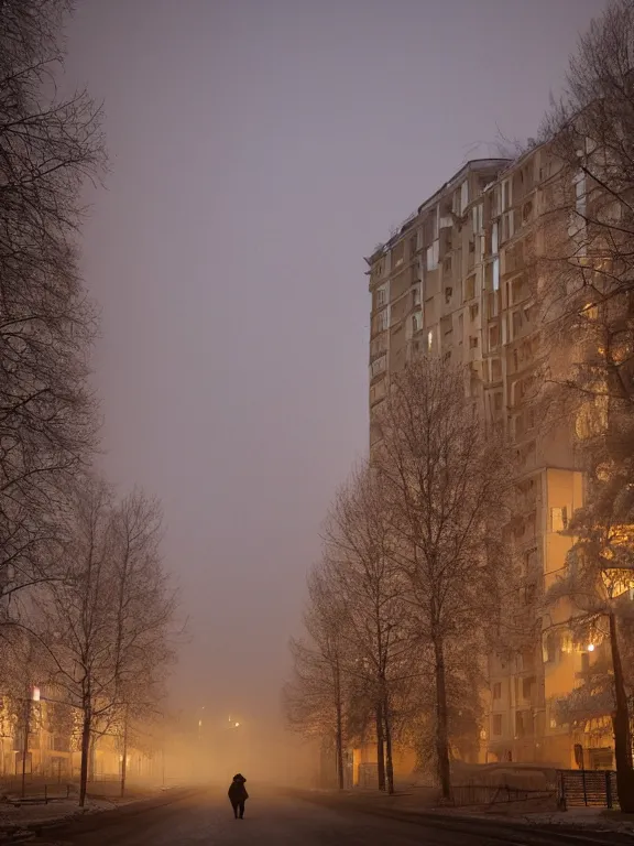 Image similar to beautiful film still of a residential block building in russian suburbs, low, lights are on in the windows, dark night, post - soviet courtyard, cozy and peaceful atmosphere, fog, cold winter, snowing, streetlamps with orange volumetric light, several birches nearby, elderly man stand at the entrance to the building