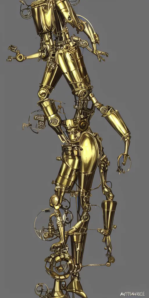 Prompt: humanoid brass automaton in art deco style with a round polished opal instead of a head, full body, workshop background, steampunk style, concept art, artstation trending, high detail, warm light