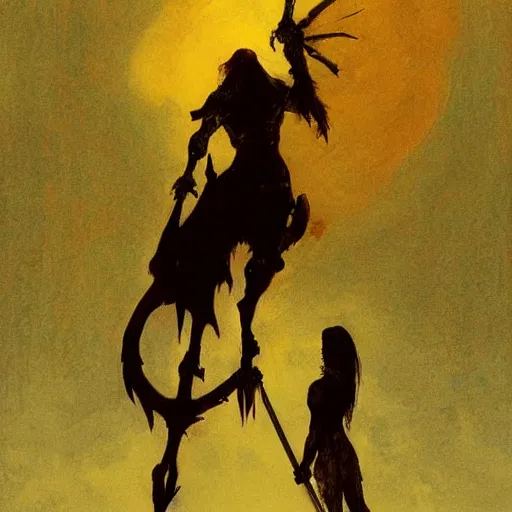 Image similar to warrior standing over dead dragon by jeffrey catherine jones