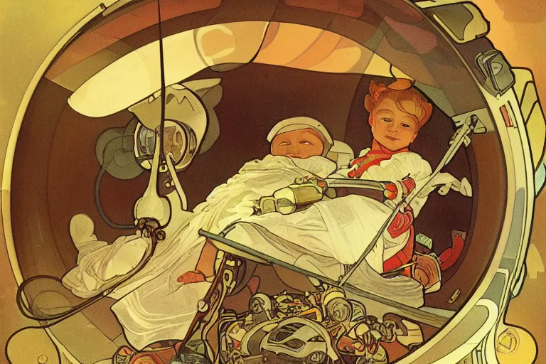 Prompt: a baby in a spaceship, very detailed, smooth render, illustration, art style by Alphonse Mucha