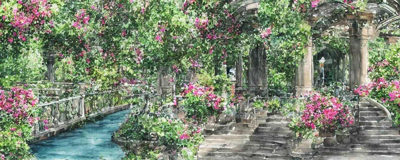 Image similar to isomeric view, railing, stairway, chairs, delicate water in a botanic garden, garden road, sparrows, temple in a botanical herbarium paper, watercolor colored painting, iridescent colors, 8 k, realistic shaded, fine details, artstation, italian style, colonnade, huge flowers, architecture