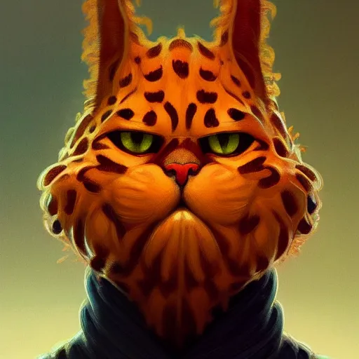 Image similar to symmetry!! intense portrait of garfield, intricate, elegant, highly detailed, my rendition, digital painting, artstation, concept art, smooth, sharp focus, illustration, art by artgerm and greg rutkowski and alphonse mucha