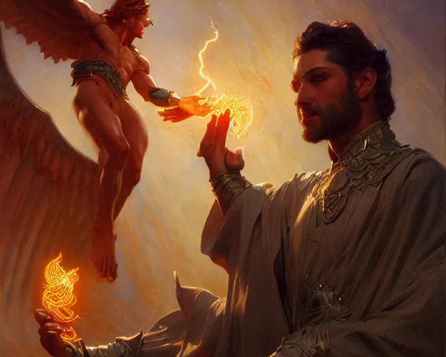 Image similar to attractive male deity, casting demonic magic, summoning handsome lucifer morning star. highly detailed painting by gaston bussiere, craig mullins, j. c. leyendecker 8 k