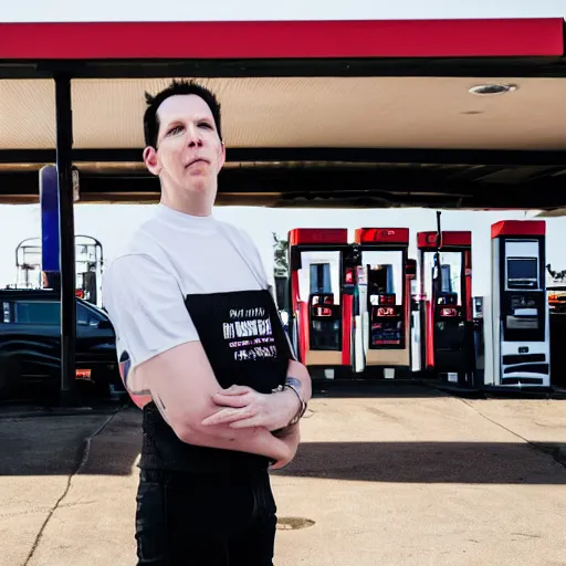 Prompt: Tobias Forge works at a gasstation, 8k photography