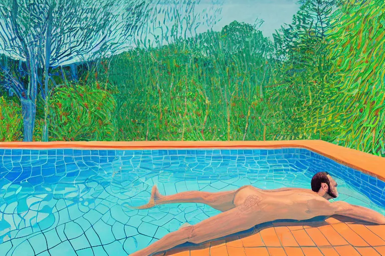 Prompt: emmanuel macron sunbathing in a swimming pool in a house in california, summer blue sky, shimmering water, lush trees and bushes garden lawn, by david hockney, peter doig, lucien freud, francis bacon, pop realism, oil on canvas