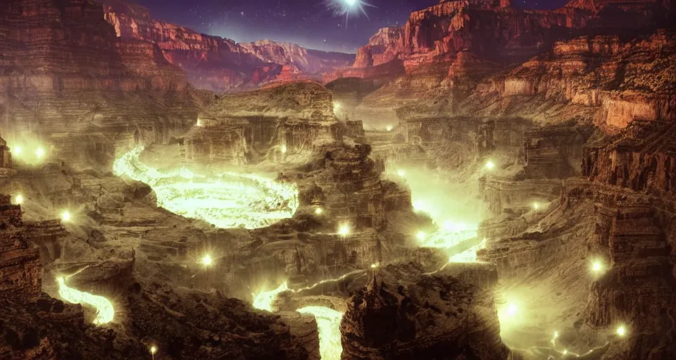 Image similar to night, a lot of people and a spiral - shaped white luminous attractor is floating in grand canyon, concept art, art for the game, professional lighting, art