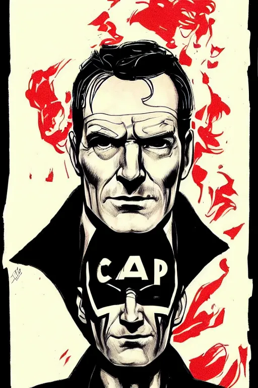 Image similar to beautiful portrait commission of a handsome Bryan Cranston as captain america in a vintage gothic style. black hair. pale skin, black makeup. character design by ralph steadman, detailed, inked, western comic book art