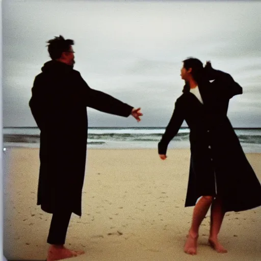 Image similar to 9 0 s polaroid photograph of a man and woman both wearing trenchcoats at night, dancing together on a beach during cloudy weather, vignette