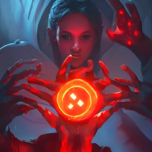 Image similar to glowing hands with fingers floating, stop sign stop sign, stop sign, stop sign, glowing fingers, red theme, bright art masterpiece artstation. 8 k, sharp high quality artwork in style of jose daniel cabrera pena and greg rutkowski, concept art by tooth wu, blizzard warcraft artwork, hearthstone card game artwork, human anatomy