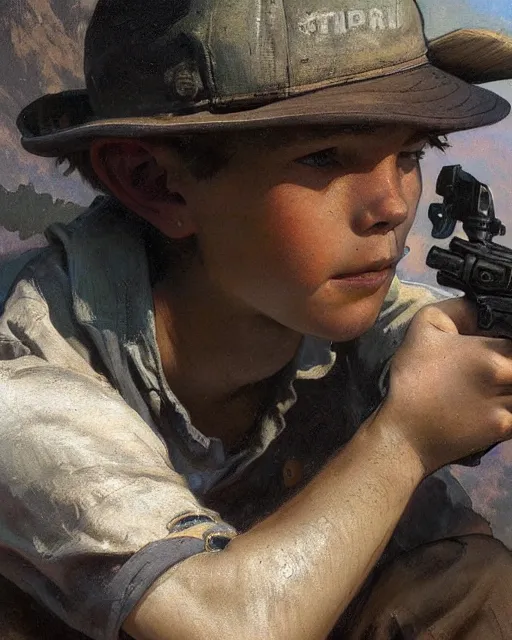 Image similar to side portrait of an Appalachian boy playing with a dusty cap gun, detailed features, dirt, Appalachian mountains, sharp focus, illustration, highly detailed, oil painting, matte, art by Greg Rutkowski and Alphonse Mucha, masterpiece