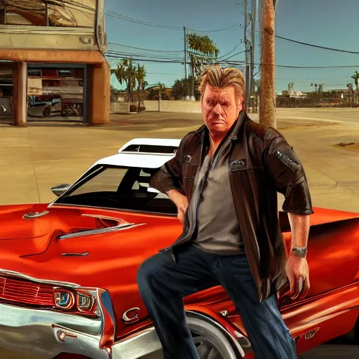 Image similar to chip foose in gta v, cover art by stephen bliss, artstation, no text