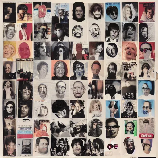 Prompt: vinyl LP cover for the 25th anniversary album by 'de portables' that is a cutout photo collage of only faces in all kinds of sizes and rotations from 1960 music magazines