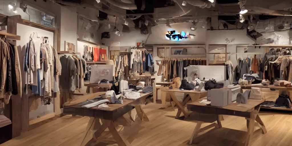 Prompt: New Balance Pop Up store, interior of vintage ferry, warm ambient lighting,