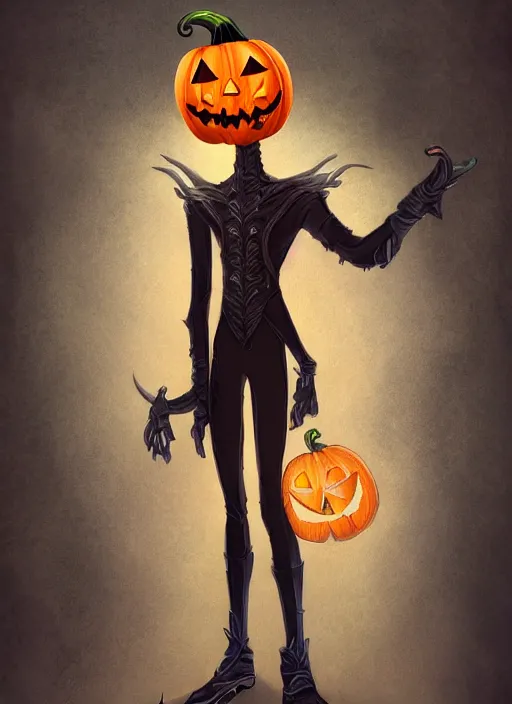 Prompt: tall thin male with a jack - o - lantern for a head, jack pumpkinhead, pumpkin head, full body character concept, art nouveau, super powers, fantasy, intricate, elegant, highly detailed, digital painting, artstation, concept art, shining, sharp focus, illustration, art by stanley lau