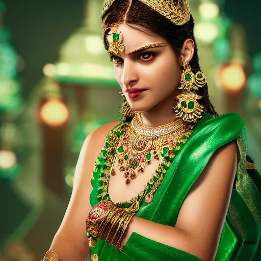 Prompt: photograph of wonderful princess with smooth fair skin, hindi, green jewelry, breathtaking, elegant, ornate, intricate, hyper detailed, accent lighting, dramatic light, 4 k octane render