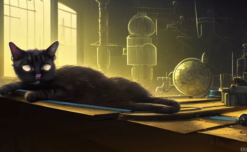 Image similar to a cat sleeping on a mechanics workbench in a spaceport, space opera and dystopian style, d & d, fantasy concept art, global illumination, interesting composition, volumetric lighting, art by enki bilial, highly detailed