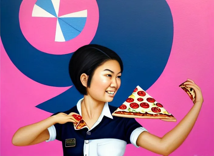 Prompt: portrait of a Asian Mexican mix race young woman school with short hair wearing a navy and white sepuku uniform and eating a pizza on a pink floatie in Kalakaua avenue in Waikiki beach, intricate, elegant, highly detailed, centered, digital painting, artstation, concept art, smooth, sharp focus, illustration, by Peter Mohrbacher, WLOP