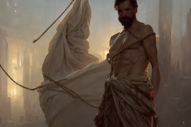 Image similar to a man tied to a pillar, highly detailed, hyperrealistic digital painting, artstation, concept art, smooth, sharp focus, illustration, cinematic lighting, art by artgerm and greg rutkowski and alphonse mucha