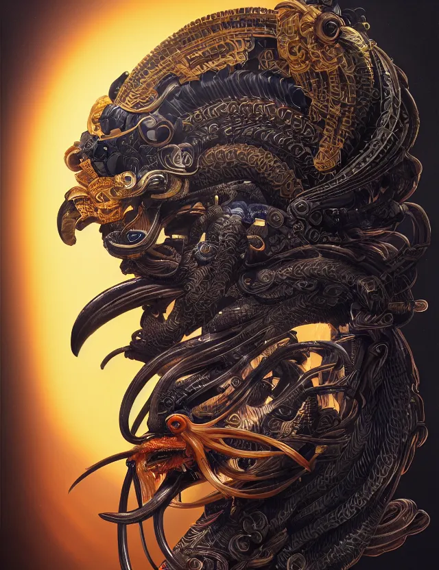 Image similar to prometheus engineer close - up profile portrait with ram skull. beautiful intricately detailed japanese crow kitsune mask and clasical japanese kimono. betta fish, jellyfish phoenix, bio luminescent, plasma, ice, water, wind, creature, artwork by tooth wu and wlop and beeple and greg rutkowski