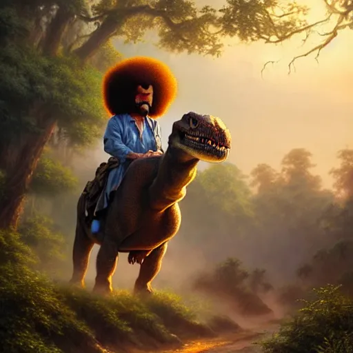 Image similar to bob ross!!! riding!!! a dinosaur!!, giant afro!, model pose, ultra realistic, concept art, intricate details, highly detailed, photorealistic, octane render, 8 k, unreal engine. art by artgerm and greg rutkowski and alphonse mucha