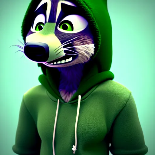 Image similar to a chill stoner with a black hoodie on with a marijuana themed dark green raccoon head from zootopia, wearing beanie, smoking, 3 d, blender 3 d, render, extremely detailed, 8 k, detailed fur