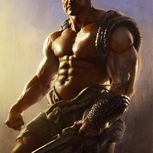 Image similar to handsome portrait of a spartan guy bodybuilder posing, radiant light, caustics, war hero, metal gear solid, steel bull run, by gaston bussiere, bayard wu, greg rutkowski, giger, maxim verehin