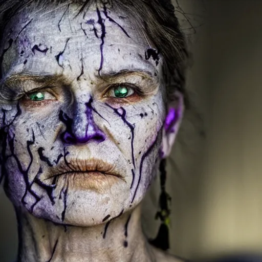 Image similar to real photograph of old face with purple scars, hd