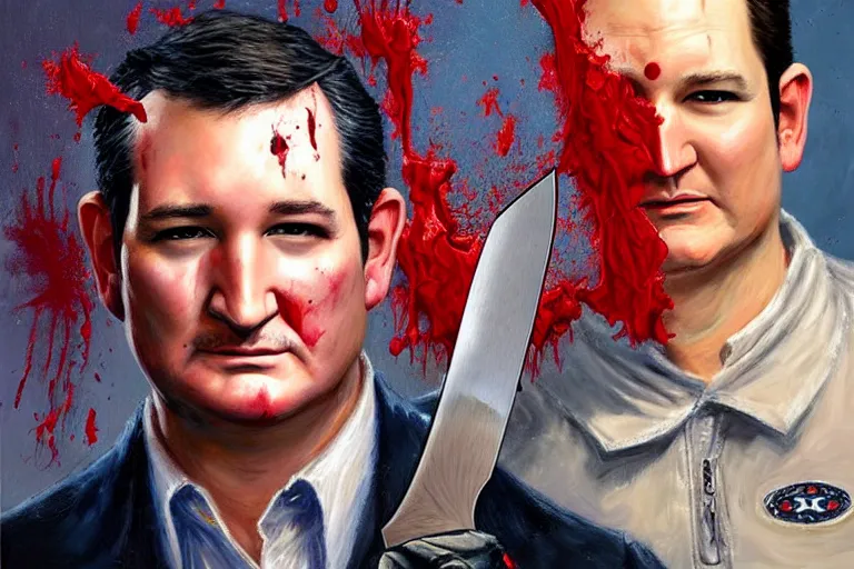 Prompt: portrait of ted cruz with a knife as the zodiac killer bloodied, an oil painting by ross tran and thomas kincade