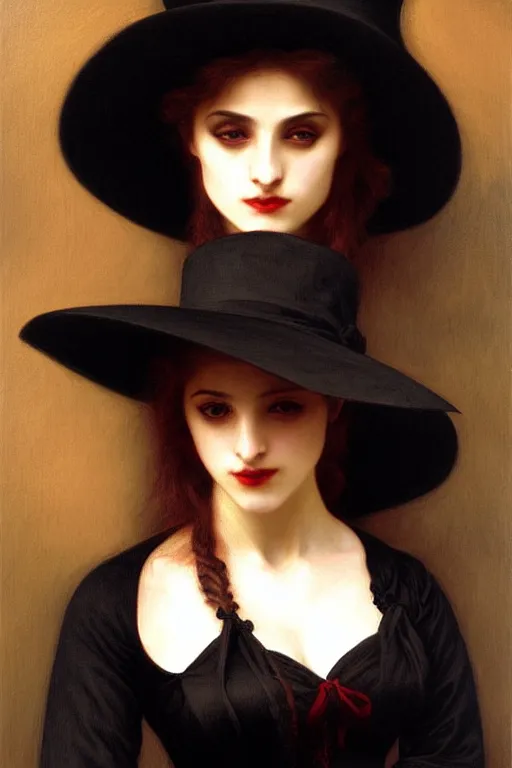 Image similar to vampire in a big black hat painting by rossetti bouguereau, detailed art, artstation