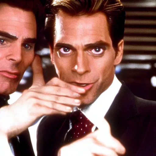 Image similar to huey lewis and the news visit patrick bateman in a pschy ward and give him a kiss on the lips