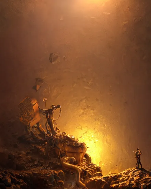 Prompt: oil painting of poor anthropomorphized mole mining gold, close shot, full body, dark steampunk mine shaft background, sharp focus, fantasy style, octane render, volumetric lighting, 8k high definition, by greg rutkowski, highly detailed, trending on art Station, dungeons and dragons artwork, centered