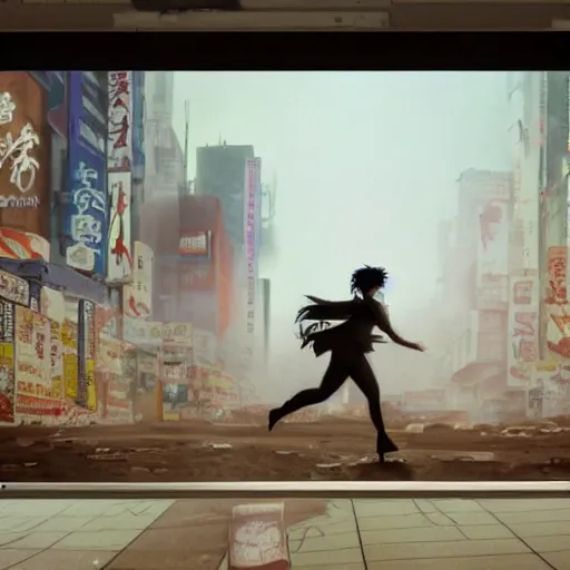 Image similar to incredible wide screenshot, ultrawide, simple watercolor, rough paper texture, ghost in the shell movie scene, back-lit distant shot of phoenix running from a puppet master in tuxedo side view, yellow parasol in deserted dusty shinjuku junk town, broken vending machines, bold graphic graffiti, old pawn shop, bright sun bleached ground, mud, fog, dust, windy, scary robot monster lurks in the background, ghost mask, teeth, animatronic, black smoke, pale beige sky, junk tv, texture, brown mud, dust, tangled overhead wires, telephone pole, dusty, dry, pencil marks, genius party,shinjuku, koji morimoto, katsuya terada, masamune shirow, tatsuyuki tanaka hd, 4k, remaster, dynamic camera angle, deep 3 point perspective, fish eye, dynamic scene