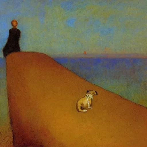 Image similar to a woman and her chiweenie looking out to sea by odilon redon