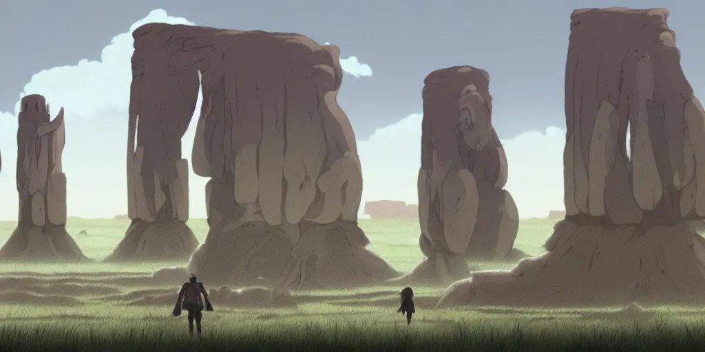 Prompt: a realistic cell - shaded studio ghibli concept art from paprika ( 2 0 0 6 ) of a giant mammoth and a grey native american warrior in a flooded monument valley stonehenge. very dull colors, wide shot, hd, 4 k, hq