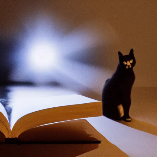 Prompt: a cat reading a book, award winning photo, symmetrical, sharp edges, box of light, blurred background