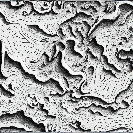 Image similar to topographical map of a fantasy world, drawing, monsters