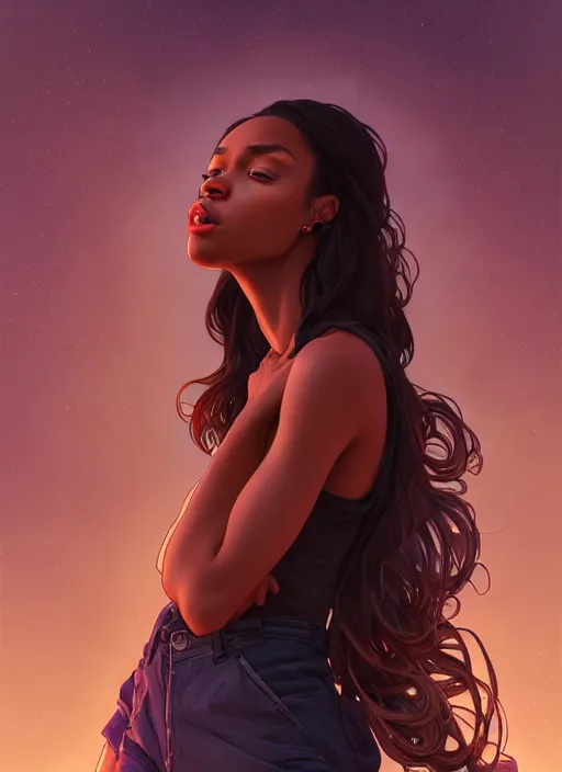 Image similar to handsome young black women with shoulder length brown hair, half body shot, path traced, highly detailed, high quality, digital painting, alena aenami, lilia alvarado, shinji aramaki, karol bak, alphonse mucha, tom bagshaw