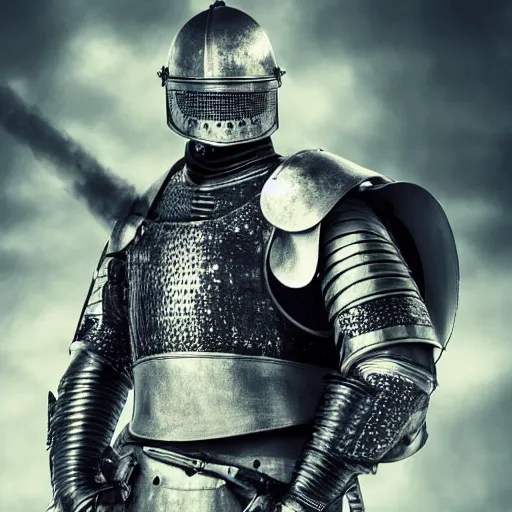 Image similar to knight in plate armor holding a machine gun, cinematic dramatic high quality 4 k poster