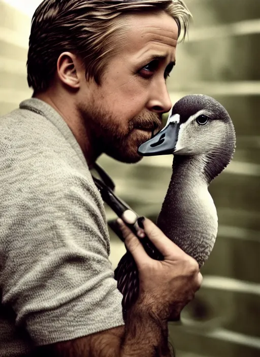 Prompt: ryan gosling fused with a goose, human arms, natural light, bloom, detailed face, magazine, press, photo, steve mccurry, david lazar, canon, nikon, focus