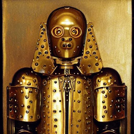 Image similar to a portrait of a shiny metallic renaissance steampunk robot, in the style of Jan van Eyck,