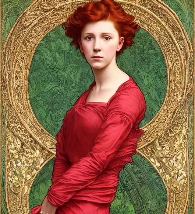 Prompt: intricate art nouveau portrait oil painting of redheaded young millie bobby brown with long red hair blowing in the wind, wearing an intricate green lace dress, in front of an carved wood screen, elegant, digital painting, smooth, sharp focus, illustration, ultra realistic, 8 k, by bouguereau, alphonse mucha, artgerm, and donato giancola