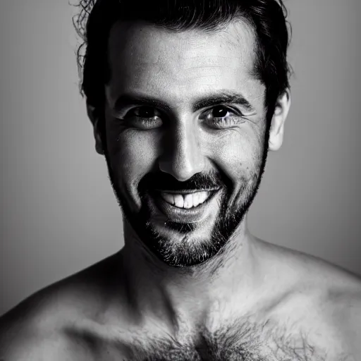 Prompt: black and white close - up portrait shot, studio photograph of a male symmetrical handsome andrea belluci the painter artist, casual clothes, smile, intricate, elegant, highly detailed, hyper realistic, dark background, flickr, smooth, 4 k, 3 0 0 dpi, sharp focus, shot by canon
