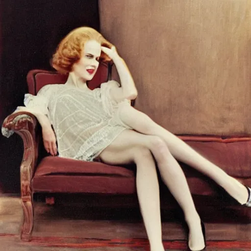 Image similar to a beautiful full body portrait of a young nicole kidman, wearing 1 9 2 0's clothes, demure, she is laying on a couch, artist john sargent,