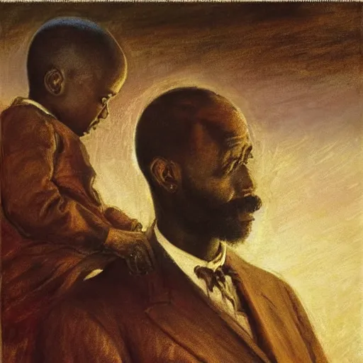 Prompt: a painting of a elegant, well fed, smooth-chinned, long nose, elder with few eyebrows and his son from Kenya by Henry Ossawa Tanner . thinker without facial hair, thoughtful, focused, visionary, calm, jovial, loving, fatherly, generous, . dramatic angle, ethereal lights, details, smooth, sharp focus, illustration, realistic, cinematic, artstation, award winning, rgb , unreal engine, octane render, cinematic light, macro, depth of field, blur, red light and clouds from the back, highly detailed epic cinematic concept art CG render made in Maya, Blender and Photoshop, octane render, excellent composition, dynamic dramatic cinematic lighting, aesthetic, very inspirational, arthouse.