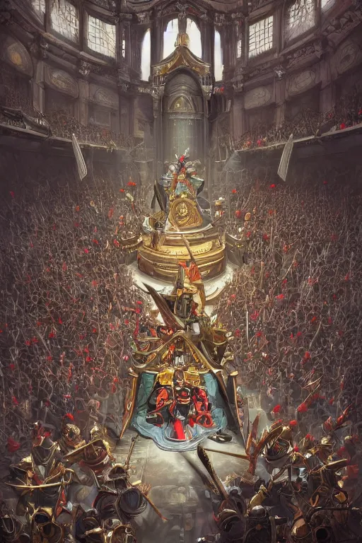 Prompt: Court warhammer harlequin surrounded by crowd, next to the king's throne, futuristic, oil on canvas, digital painting, artstation, concept art, smooth, sharp focus, illustration, artstation trending, perfect composition, golden ratio, beautiful detailed, cinematic, hyper realism, high detail, octane render, 8k, greg rutkowski very coherent symmetrical artwork