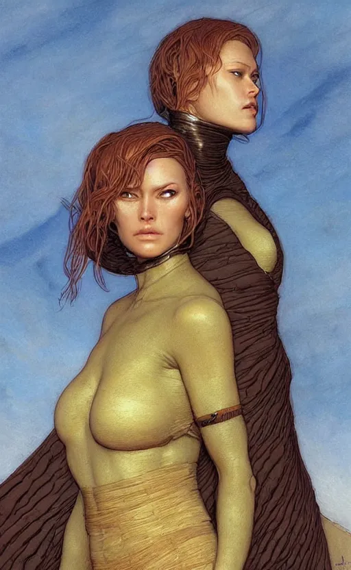 Image similar to beautiful female fremen on dune, by edgar maxence artgerm ross tran and michael whelan and gustav klimpt