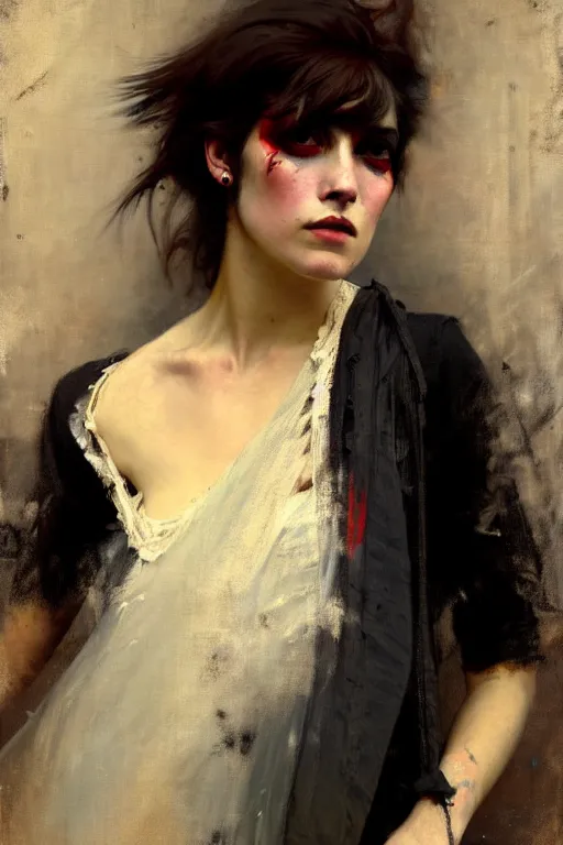 Prompt: solomon joseph solomon and richard schmid and jeremy lipking victorian loose genre loose painting full length portrait painting of a young beautiful woman punk rocker